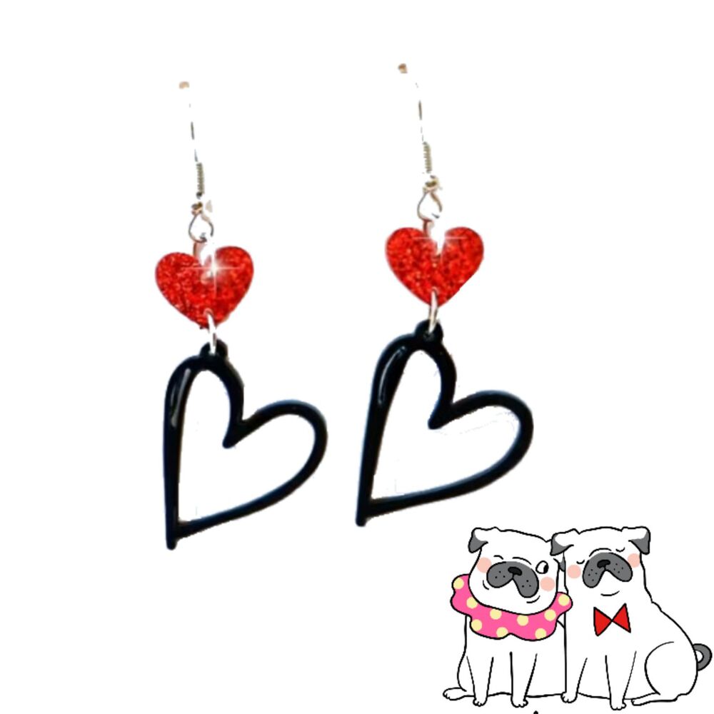 Black Open Heart & Red Acrylic Heart Earrings Dangling